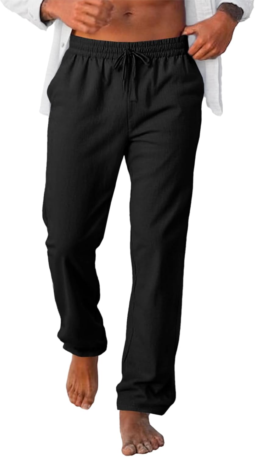 Runcati Mens Casual Pants Drawstring Elastic Waist Lightweight Linen Pants Loose Fit Straight Legs Beach Trousers