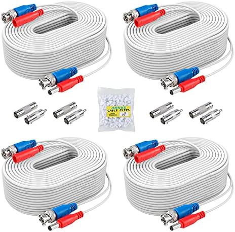ANNKE 4 Pack 30M/100 ft All-in-One Video Power Cables, BNC Extension Surveillance Camera Cables for CCTV Security DVR System Installation, BNC RCA Connector and 100pcs Cable Clips Included-White