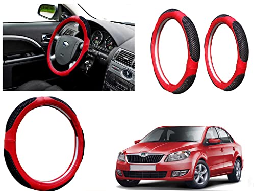Image of Microfiber Car Steering Wheel Cover, Soft Padding Great Hand Feel, Anti-Slip, Faux Leather Steering Cover for Skoda Rapid 2012 | Black Red Jali - Pack of 1