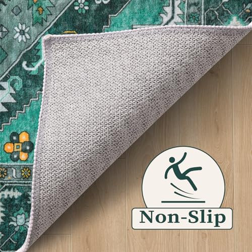 SERISSA Bedroom Rug 4x6 Teal Boho Rug, Vintage Washable Area Rugs Non Slip, Ultra Soft Print Distressed Tribal Entry Rug Low-Pile Throw Carpet for Nursery Dorm Kitchen Living Room Decor