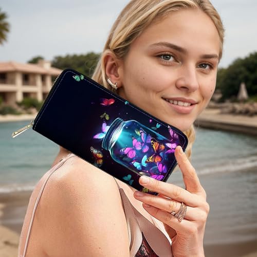 Image of RFID Blocking Leather Wallet for Women - Large Capacity Zip Around Clutch with 8 Card Slots,27 Cash Pockets & Coin Zipper,Butterfly Flies out of The Bottle