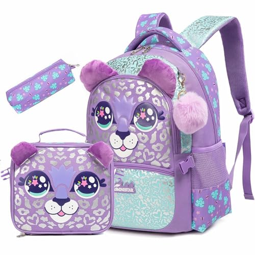Animal Print Backpack Set for Girls Cute School Bookbag for Elementary Students Ages 6-12 Lightweight Backpack with Lunch Box Pencil Case Back to School Suppliers (Purple)