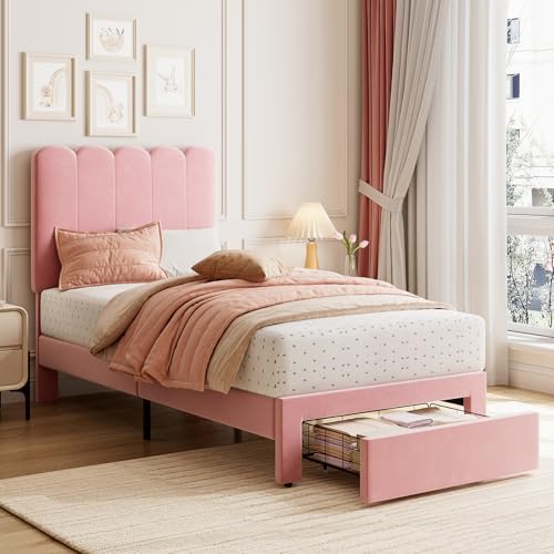 GarveeHome 2 Sets Twin Bed Frame with Under-Bed Drawer, Upholstered Platform Bed with Wave Headboard for Kids/Girls, Wooden Slats Support, No Box Spring Needed, Velvet Pink