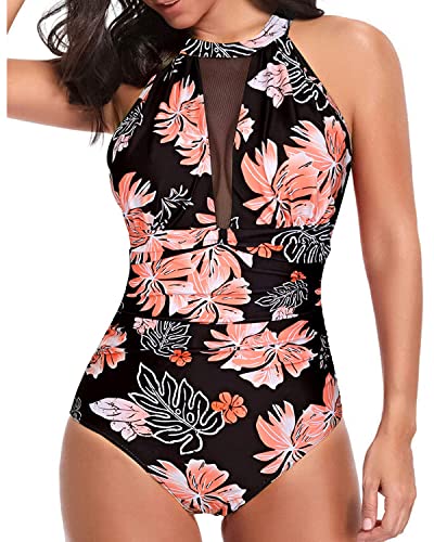 Image of Tempt Me Women One Piece Swimsuit Tummy Control Bathing Suit | High neck, Removable cups, Full coverage, Ruched, Mesh, Full lining