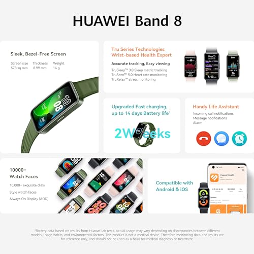Smartband HUAWEI Band 8, Design Ultra-fino, 14 dias de duração da bateria, Bateria completa em apena