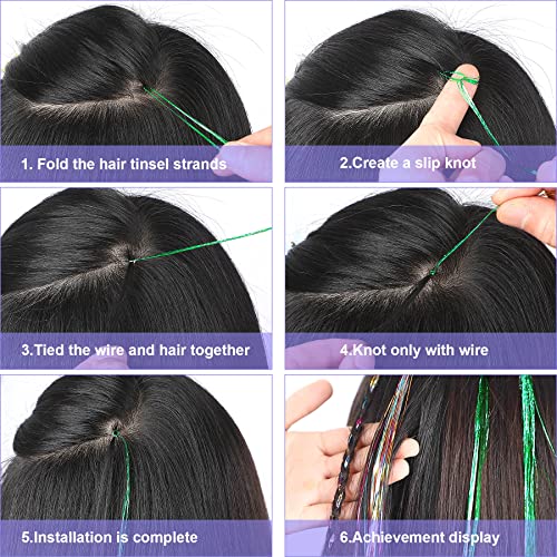 Febsnow 47 Inches Tinsel Hair Extension With Tool 2400 Strands 12 Mixed Colors Hair Extension Tinsel Kit Glitter Hair Extensions For Women Girls Hair Accessories For Christmas New Year Halloween Cosplay Party #TOP3