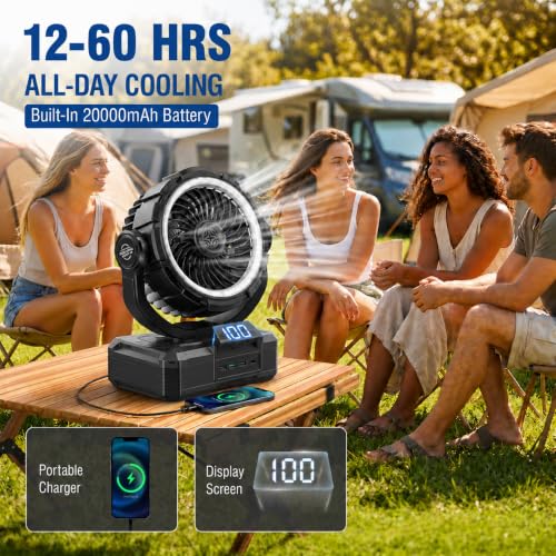 9-Inch Rechargeable Camping Fan 【Auto-Oscillating, Max 60H】20000mAh Portable Battery Powered Operated Fan,Light,Timer,Hook,Outdoor Tent Fans for Patios,Beach,Fishing,Emergency,Camping Gear Essentials - image 4