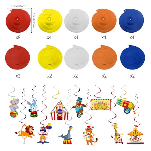 Image of 58 Pcs Carnival Hanging Swirl Decorations Circus Animal Party Supplies circus theme party decorations Baby Shower Decor Ceiling Circus Streamers for First Bday Circus Birthday Party Favors