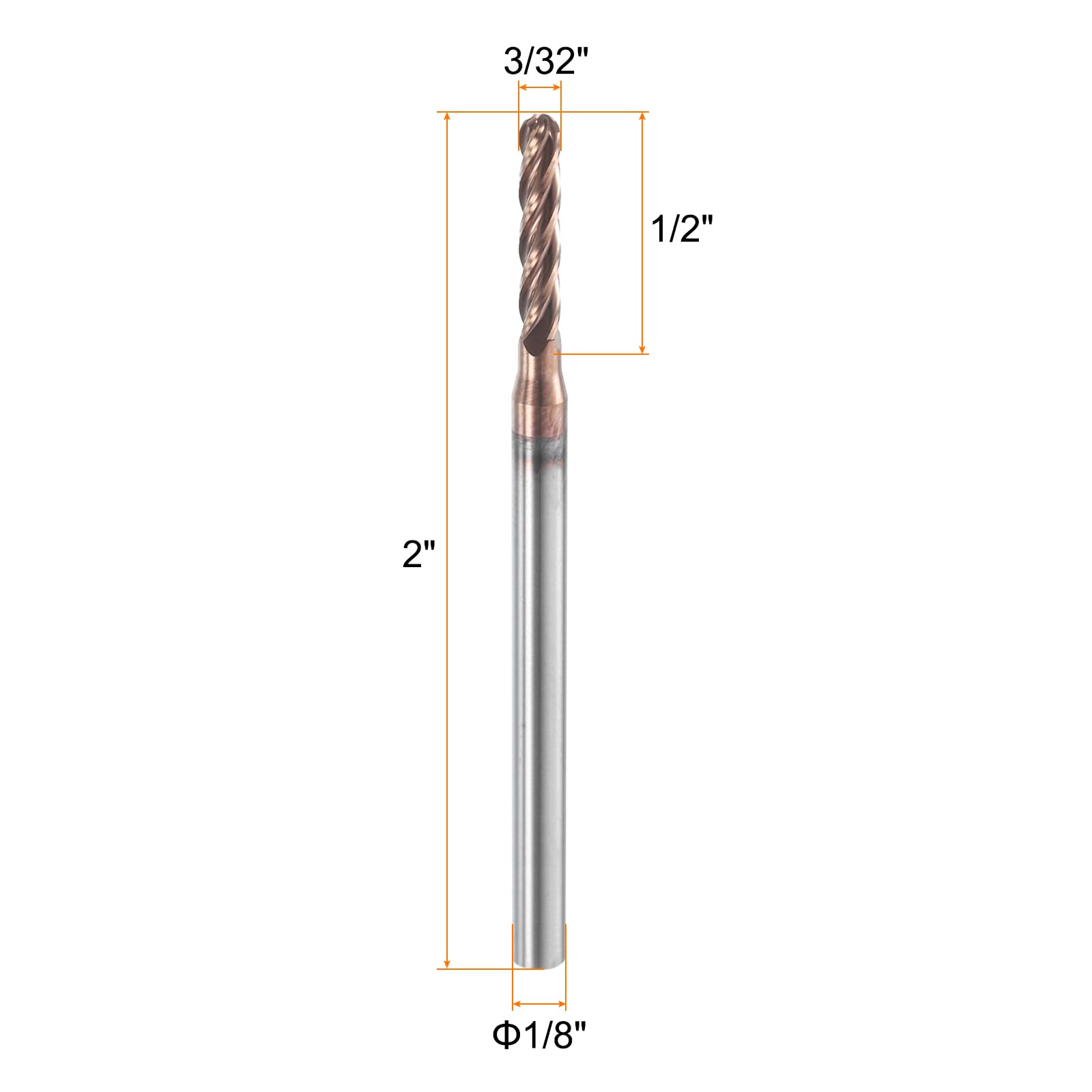 sourcing map Fraise à bec sphérique à 4 cannelures de 0,95 cm de diamètre et tige de 0,3 cm en carbure de tungstène avec revêtement en étain CNC Longueur de coupe 1,27 cm Boule d'extrémité unique pour
