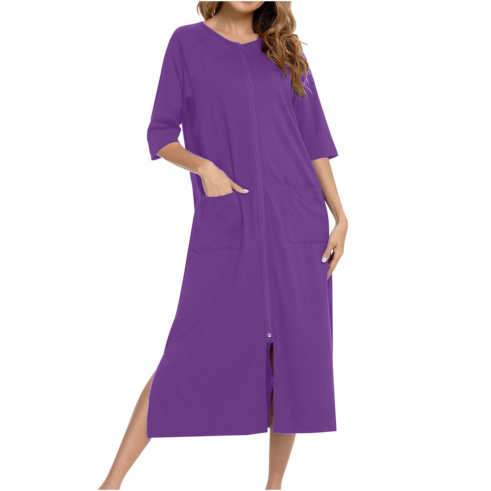 Womens Zipper Up Robes Solid Classic House Coat Nightdress Crewneck 3 4 Sleeve Side Slit Bathrobes with Pocket