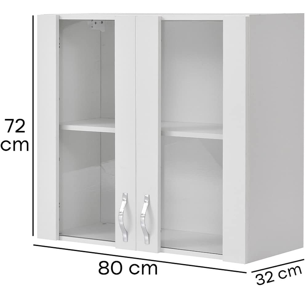 Shally Dogan Credenza, Pensile da Cucina con Vetro, Armadio Sospeso da Parete Vetrato in Legno Due Ante 1 Ripiano 2 Scomparti, Armadietto Spazioso Resistente, Dim. 80 x 32 x 72H cm (Bianco)