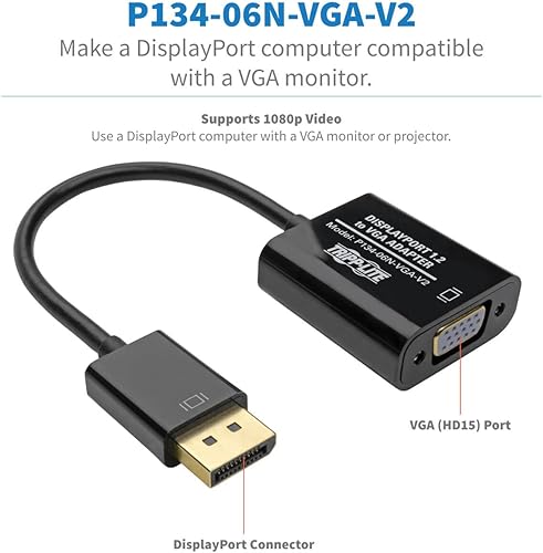 Miniatura 4 de Tripp Lite Eaton Tripp Lite P134-06N-VGA-V2 Cable adaptador DisplayPort a VGA, DisplayPort 1.2, DP a VGA, 6 pulgadas / 6.0 in, 3 años de garantía