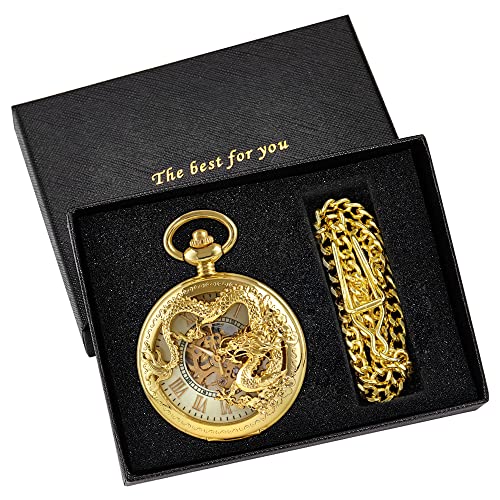 Image of Men's Mechanical Hollow Design Hand Wind Pocket Watch Roman Numerals Steampunk with Chain Box