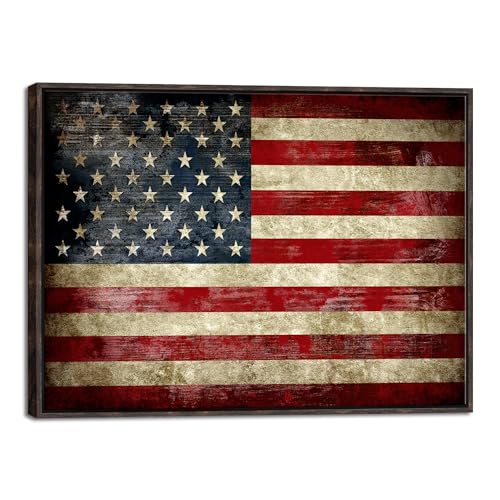 Image of Pyradecor Walnut Framed Canvas Wall Art Old Vintage American Flag Canvas Prints Abstract Pictures Paintings for Office Home Decorations