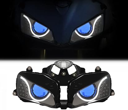 KT Headlight Assembly for CBR600RR 2003-2006, Demon Eyes Custom Modified Motorcycle Sportbike Front Head Lamp High/Low Beam DRL White Optical Fiber Blue