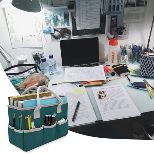Image of Cupohus Art Organizer Craft Storage Tote Bag with Pockets and Hadles, Oxford Fabric Carrying Caddy for Teacher, Officer, Artist, Traveler, and More - Dark Green