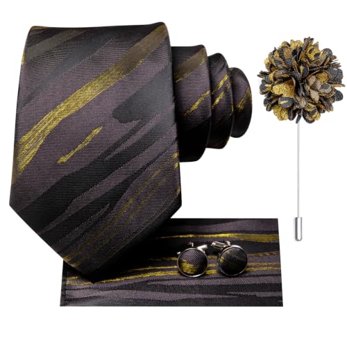 Image of Hi-Tie Men Silk Ties Set with Flower Lapel Pin Necktie Pocket Square Cufflinks for Tuxedo Wedding Business