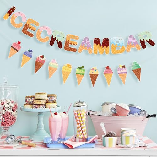 Image of Ice Cream Party Decorations Ice Cream Bar Banner Colorful Garland Photo Prop Summer Sweet Shop Birthday Party Baby Shower Wedding Decorations for Girls Kids Dessert Table Supplies