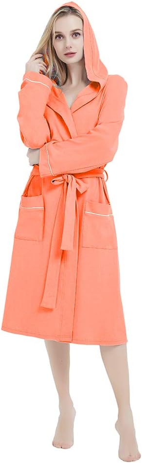 Womens Hooded Cotton Robe Soft Kimono Spa Knit Bathrobe Lightweight Long