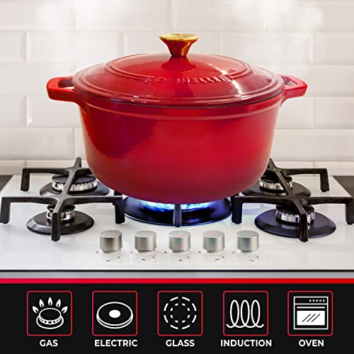 Mueller Duracast 6 Quart Enameled Cast Iron Dutch Oven Pot With Lid, Heavy-Duty Casserole Dish, Braiser Pan, Stainless Steel Knob, For Braising, Stews, Roasting, Baking, Safe Across All Cooktops, Red #TOP4