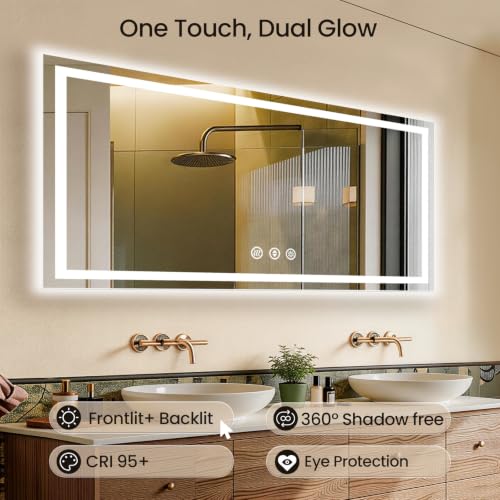 Image of 72x32 LED Bathroom Mirror with Anti-Fog, Backlit & Front Lit, Memory | Stepless Dimmable 3 Color CRI 95+ Shatterproof Tempered Glass ETL Listed for Safety Lighted Bathroom Vanity Mirror for Wall