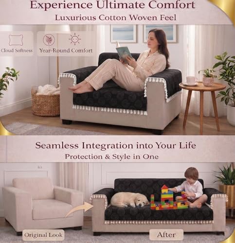 Image of STITCHNEST Woven Fabric Sofa Cover 3 Seater with 2 Hand Rest Covers - Washable Black Sofa Cover with Tassels - Durable Premium Fabric - Stylish Sofa Protector for Living Room & Furniture Decor