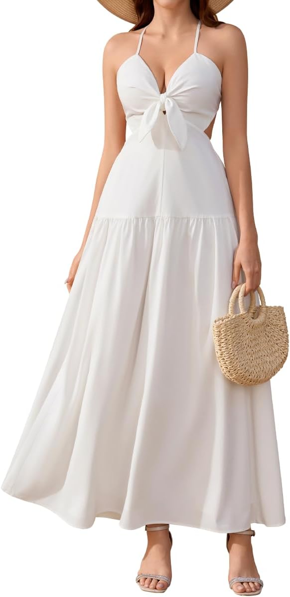 Summer Floral Maxi Dress Cut Out Boho Spaghetti Strap Bow Tie Lace Up A Line Beach Vacation Dress for Women 2026