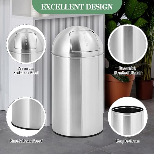 Image of Garvee Cylindrical Commercial Trash Can, 13 gal /50 L Fingerprint-Proof Stainless Steel Garbage Can with Push Lid, Heavy Duty Tall Waste Bin with Removable Inner Bucket for Outdoor, Commercial Use