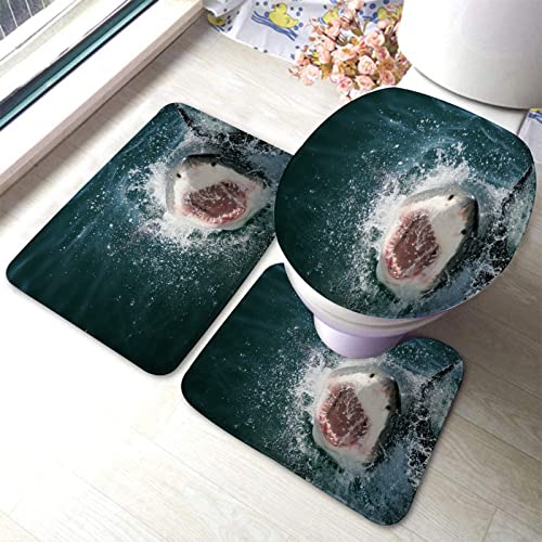 Badezimmerteppich-Set, 3-teilig, Hai-Wildtier im Seeangriff mit gruseligem Mund- und Zahndruck, waschbare Badeteppiche, rutschfest, mit Rückenpolster, Konturteppich und Toilettendeckelbezug