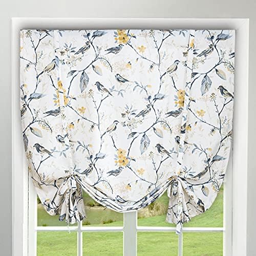 VOGOL Tie Up Curtains for Windows, Birds and Flower Print Balloon Shades Rod Pocket Adjustable White Linen Window Treatment for Small Windows Kitchen Farmhouse, 42x63, One Panel
