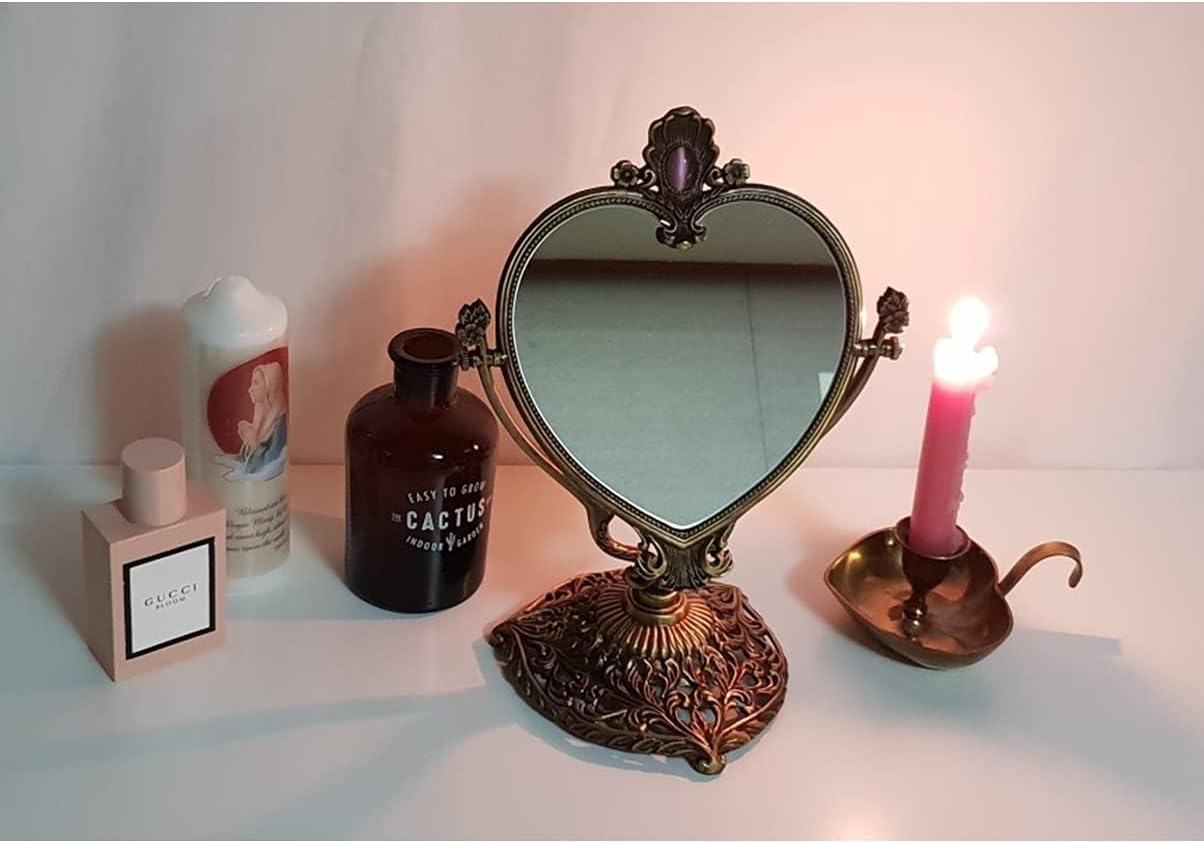 SEHAMANO Vintage Heart Shaped Vanity Mirror with Embossed Feather/Antique & Luxury Decorative Table top Retro Mirror with Mounted Bead for Bedroom, Living Room and Room Decor (Brass (Matt Gold))