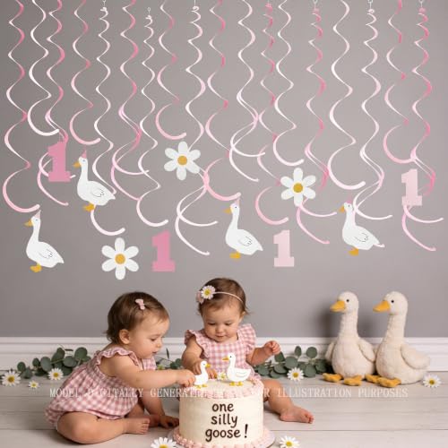 Image of 24Pcs Pink One Silly Goose Hanging Swirl Decorations Daisy Felt Swirl Streamer Spiral Ceiling Garland for Silly Goose Themed First Birthday Happy 1st Birthday Party Supplies