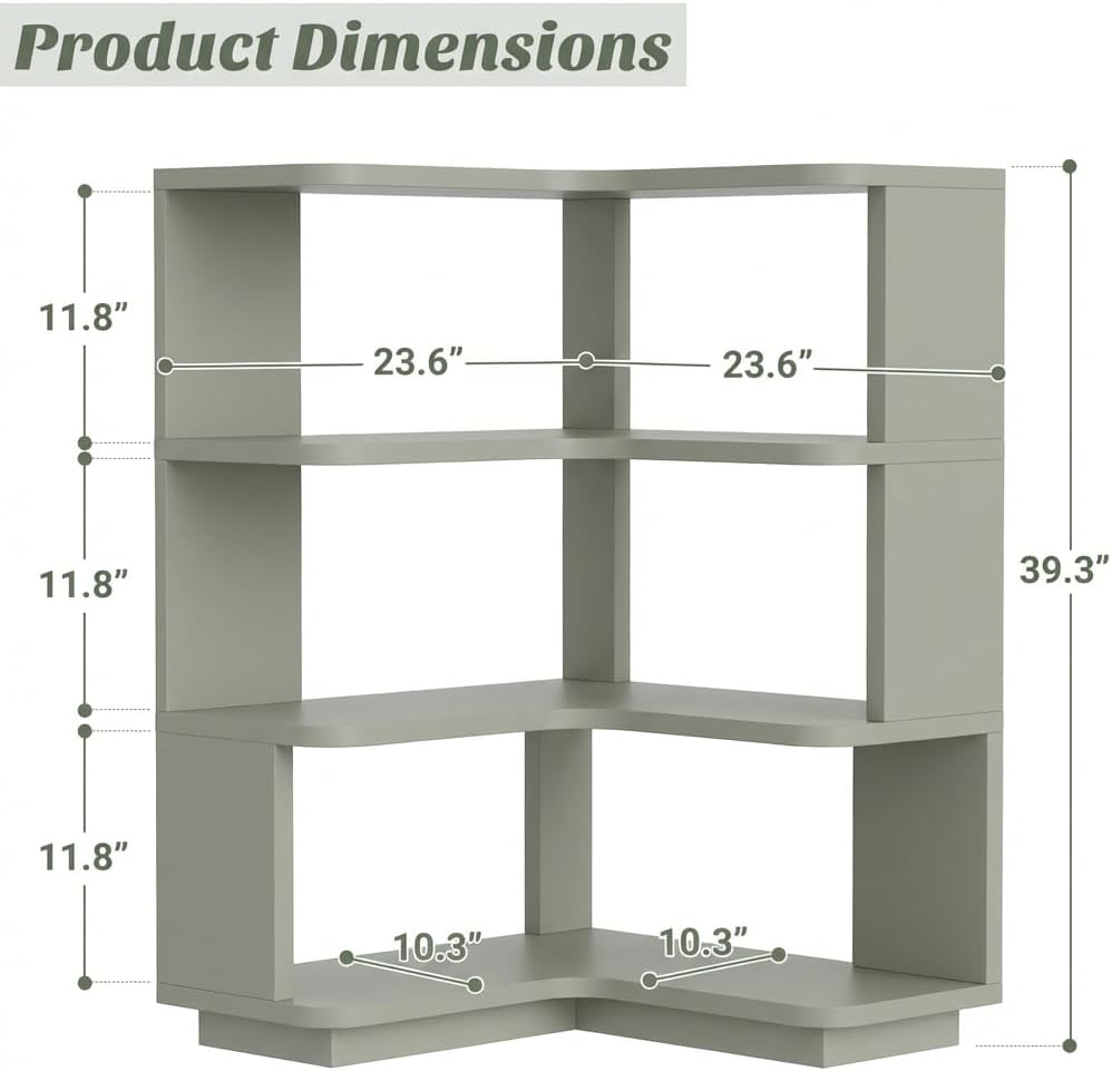 armocity corner book shelf - 4 tier corner bookshelf etagere bookcase with baffle, freestanding l shaped display shelf stand for home office, living room, bedroom, kitchen, crab green crab green 4-tier