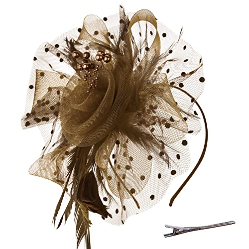 Fascinator-Hut für Damen, Teeparty, Netzstoff, Blumenfedern, Kentucky-Derby-Hüte mit Stirnband und Clip, für Mädchen und Frauen, 1 Stück, 17,8 cm Durchmesser, Braun, Einheitsgröße