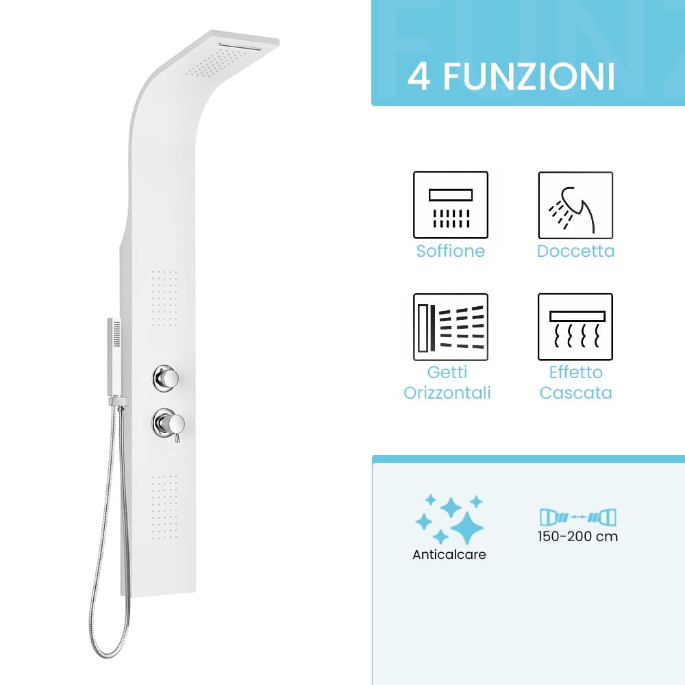 Colonna Doccia Idromassaggio Multifunzione H 145 Cm In Alluminio Bianco Opaco Con Soffione, Getto Effetto Cascata, Doccino E Getti Orizzontali, Completa Di Flessibile