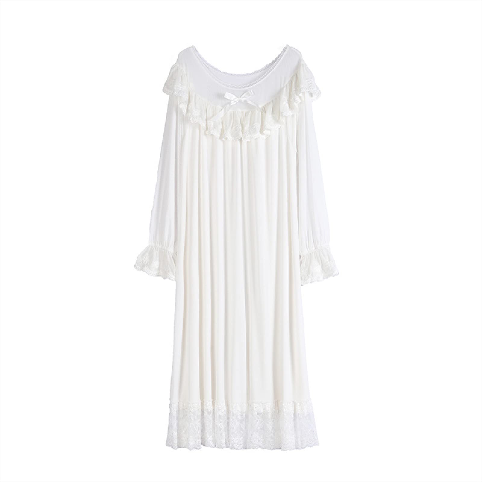 OFFSUM Camisón De Pijama De Mujer - Primavera Verano Camisón De Cuello Redondo Vestido De Malla De Encaje Blanco Elegante Princesa Vintage Ropa De Dormir Transpirable Lencería De Novia