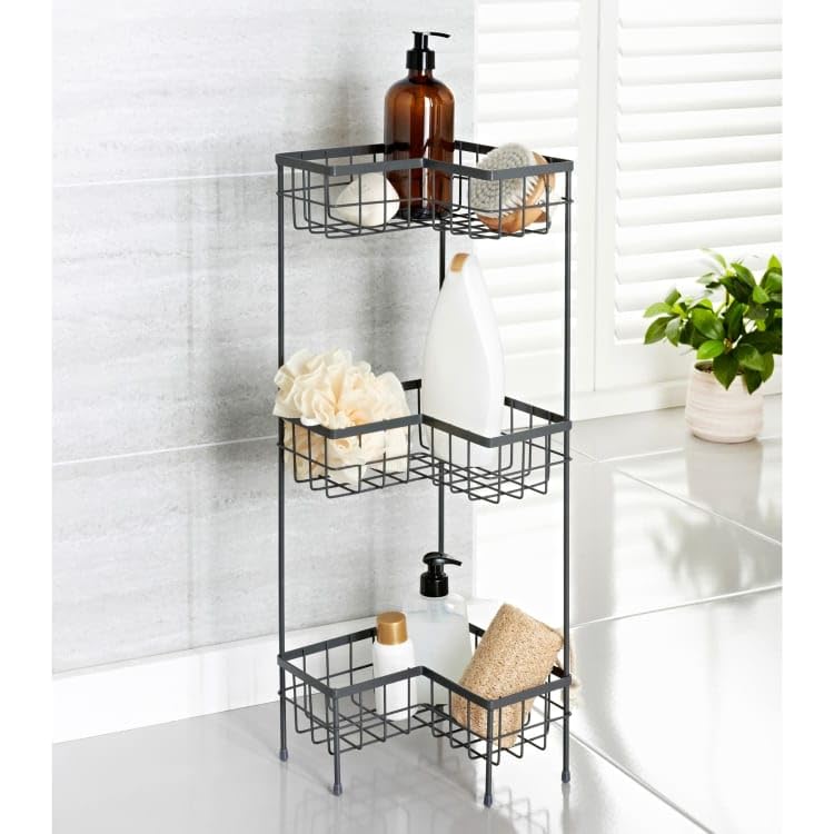 rightclick 3-Tier Bathroom Storage Caddy Freestanding shower saddy bathroom storage Shower Basket Caddy Toilet Storage Holder Metal Shower Shelf bathroom Organiser for Toiletries. 22x22x64cm (Grey)