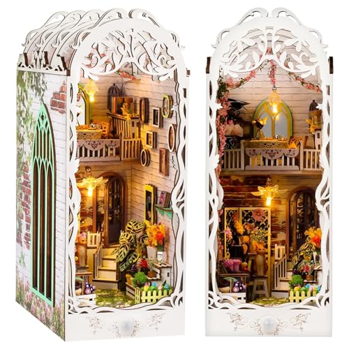 Book Nook Kit, DIY Maison de Poupée Miniature Kit de Maison avec Meubles en Bois et Lumière LED Monde Magique Jardin Salle de Fleurs