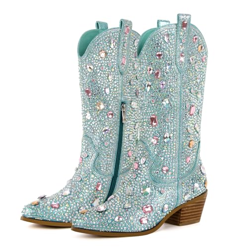 Image of Richealnana Sparkly Rhinestones Cowboy Cowgirl Style Boots Calf High Boots for Women 2INCH Heeled Shining Pull On Tabs