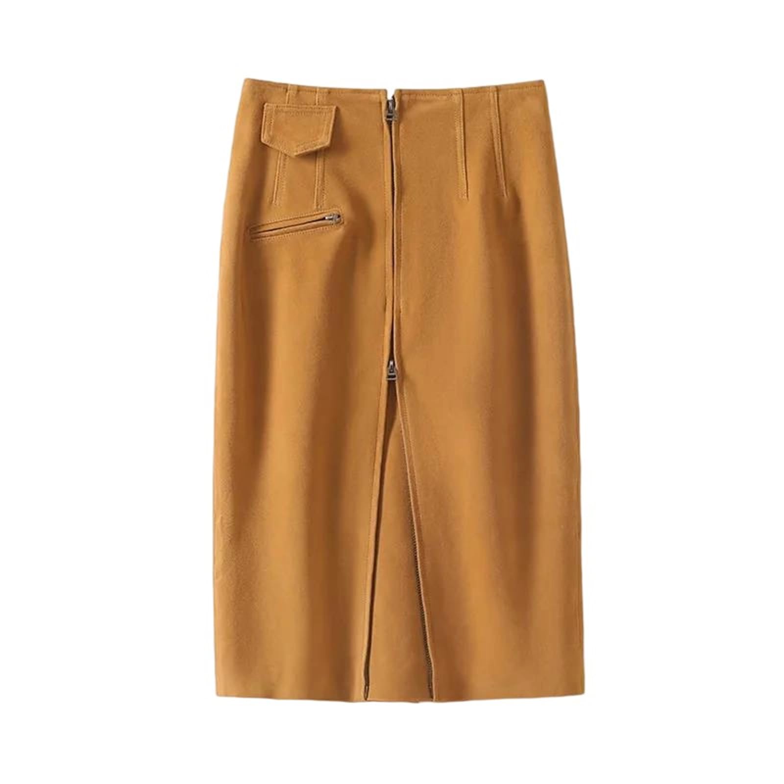 Womens Slim Fit Pencil Skirt High Waist Mid Length with Back Split and Zipper Detail Elegant Wrap Skirt
