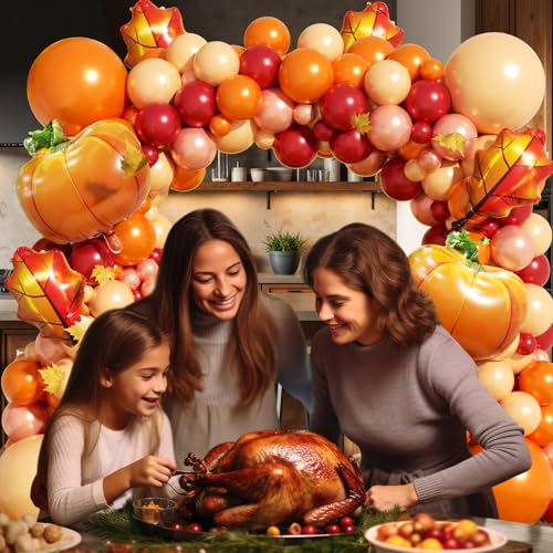 Image of Fall Balloon Arch Garland Kit 172pcs with Leafs Pumpkins, Thanksgiving Balloons Arch Orange Nude Burgundy Rose Gold Balloons Different Sizes for Little Pumpkin Birthday Baby Shower Decoration