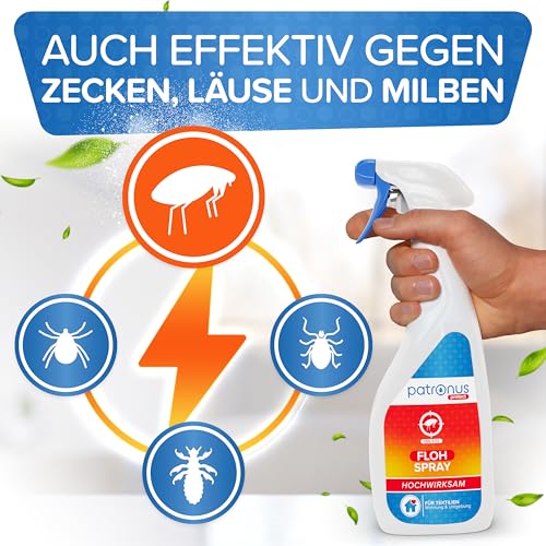 Patronus Floh-Spray für Wohnung & Umgebung 500 ml - effektives Abwehr-Mittel gegen Flöhe mit Sofortschutz - hochwirksam & laborgeprüft - mit dezentem Eukalyptusduft