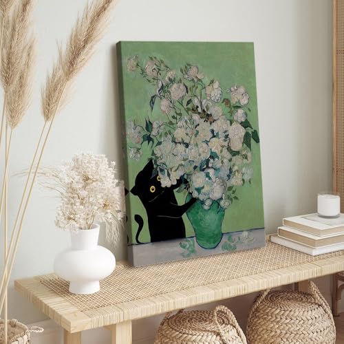Art mural chat noir Monet pour salon rétro et esthétique feutrée