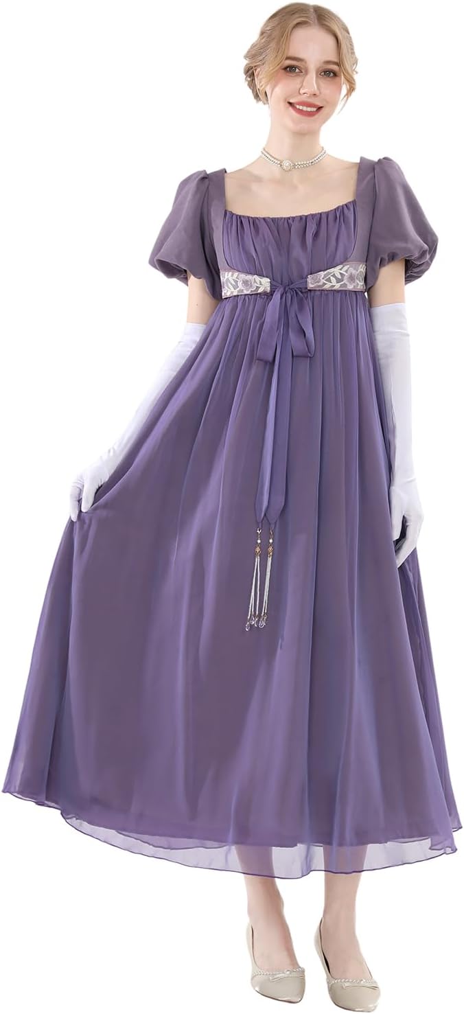 Nuoqi Regency Dresses for Women Regency Era 1800s Dress Empire Waist Victorian Tea Ball Gown - Image 2