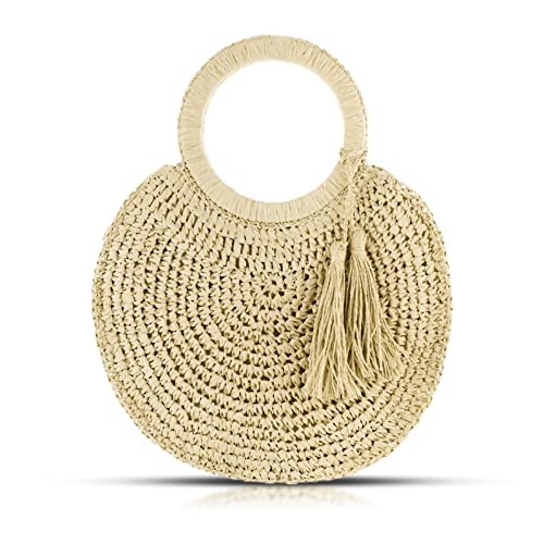 Straw Bag, Tote Bag for Women, Round Hand-Woven Bag Beach Bag with Tassel Pendant, Summer Handbag Suitable for Vacation, Daily Matching, Travel Bag (Beige)