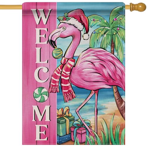 Dyrenson Drapeau de maison « Welcome Christmas Flamingo » - 71,1 x 101,6 cm - Double face - Rose - Vacances de Noël - Plage côtière - Jardin côtier - Décoration de cour - Toile de jute tropicale