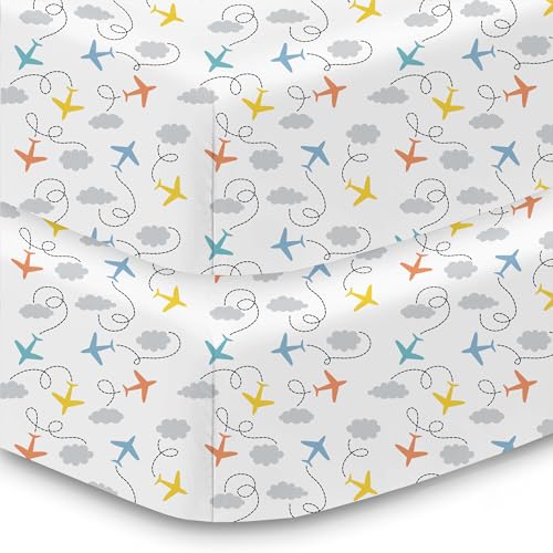 BreathableBaby Cotton Percale Fitted Sheet, for 52" x 28"/132 x 71 cm Crib & Toddler Bed Mattress, Airplanes (2-Pack)