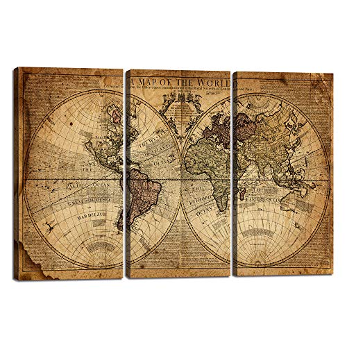 Wall Art Decor Canvas World Map,3 Pieces Framed Large Canvas Art Contemporary Painting Vintage Globe Map Newspaper Background Artwork Pictures For Bedroom Living Room Decoration(40''H X 60''W) #TOP5