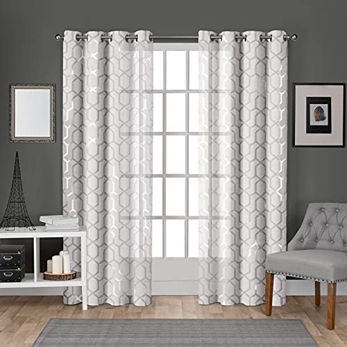 Exclusive Home Curtains Panza Metallic Geometric Print Light Filtering Semi-Sheer Grommet Top Curtain Panel Pair, 54x84, Winter Silver, 2 Piece