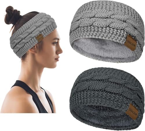 Chalier Cozy 2 Pcs Winter Häkelarbeit Stirnband Damen Gestrickte Mädchen Frauen Stirnbänder Verdicken Haarband Ohrenwärmer Headwrap Kopfband Elastische Einkaufen Skifahren Laufen